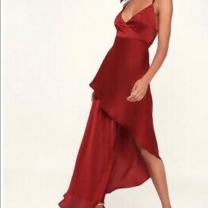 Lulu’s Bora Bora Wine Satin High Low Maxi Dress